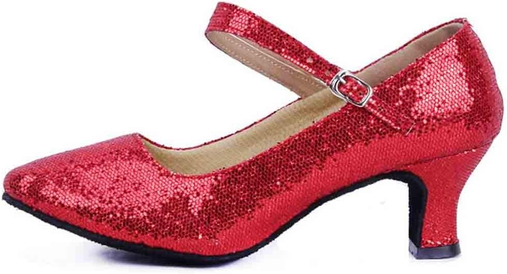 ClemunnWomen Shoes, Womens Sequin Mid-High Heels Glitter Dance Shoes, Ladies Ballroom Latin Tango Rumba Buckle Ankle Strap Spike Heels Party Casual Shoes (Red,6.5 UK/Length: 25cm/9.8")
