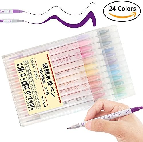 Hzhpchz 24 Colors Dual Tip Fineliner Pens Set - 0.4mm Fine liners &amp; Brush Tip Highlighters Watercolor Pens Set for Adult Coloring Books