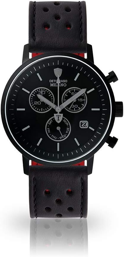 Milano Mens Watch Chronograph Analog Quartz Black Racing Leather Strap Black Dial DT1052-P-840