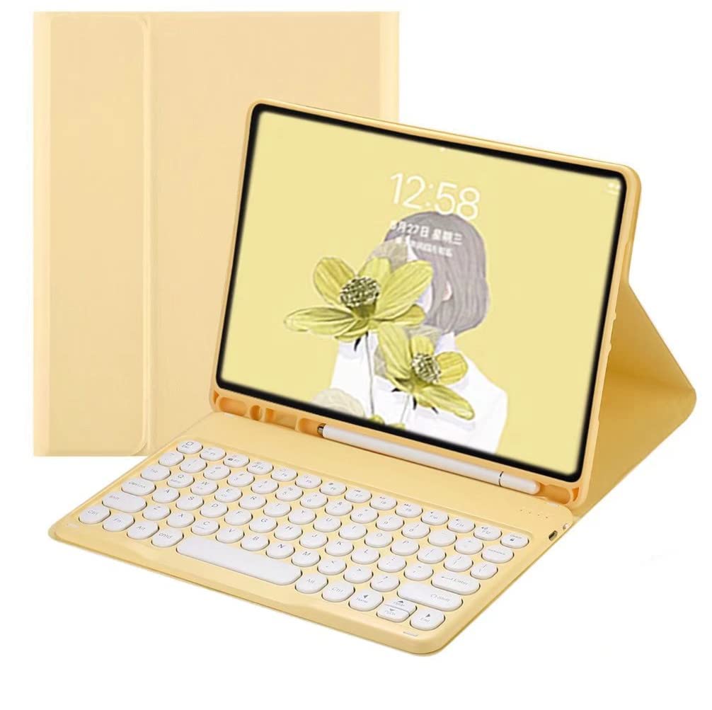 QIYIBOCASE Keyboard Case for iPad 10th Generation 2022,Round Keys Retro Detachable Magnets Wireless Keyboard Case with Pencil Holder for iPad 10 2022 (Yellow)