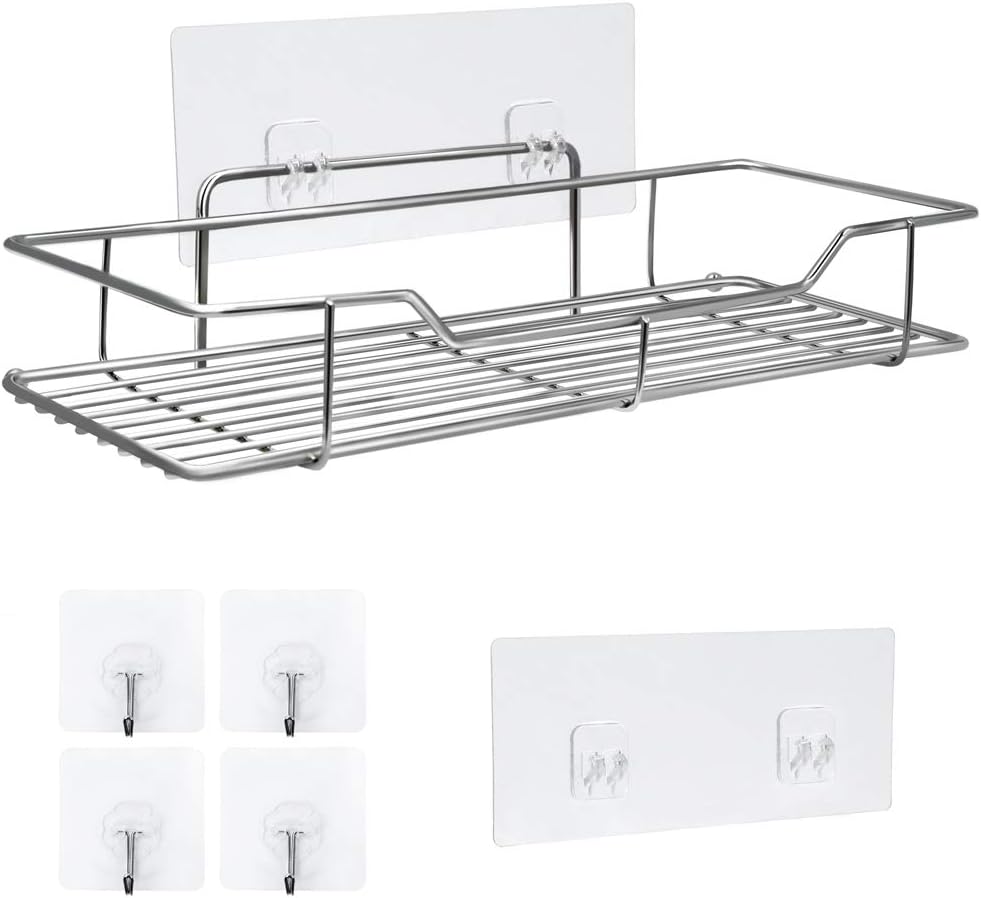 Jardineer Shower Caddy Shelf Basket with Hooks, Stainless Steel Shower Shelf Organizer for Shampoo Conditioner, Kitchen & Bath Organizer No Drilling, 1 Pack