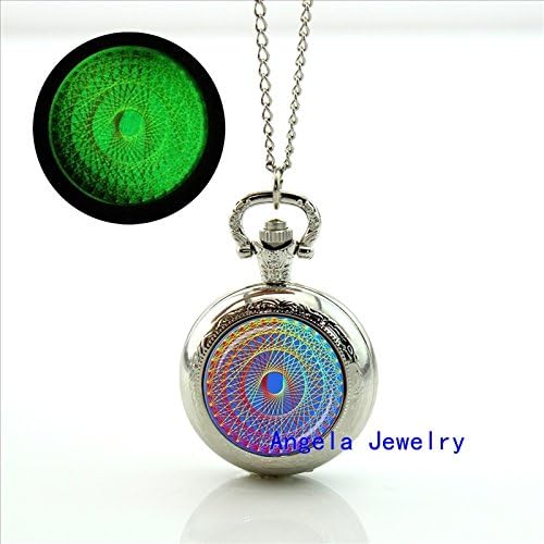 Pretty Lee Fashion Glow in The Dark Multicolor Rainbow Glowing Pocket Watch Necklace Fractal Jewelry Glass Pocket Watch