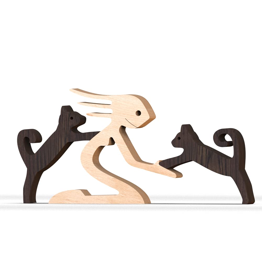 BOBO BIRD Wooden Dog Cat Family Statue, Handmade Wood Decoration Cute Puppy Kitty and People Statue Sculpture Ornament Collectible Figurine Craft Arts for Home Office Living Room (Women+2 Kitty(S))