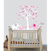 Elephant Nursery Tree Decal, Pink Wall Stickers, Animal Decals, Baby Pink