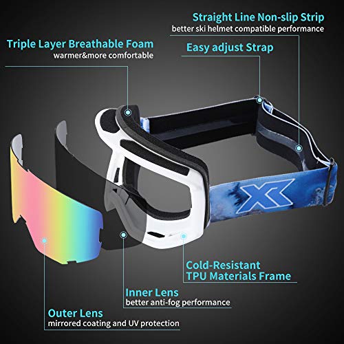 XR Ski Snowboard Goggles Anti-Fog UV Protection HD Cylinder Lens Over Glasses Non-Slip Strip Snow Goggles for Men&Women (Pink)