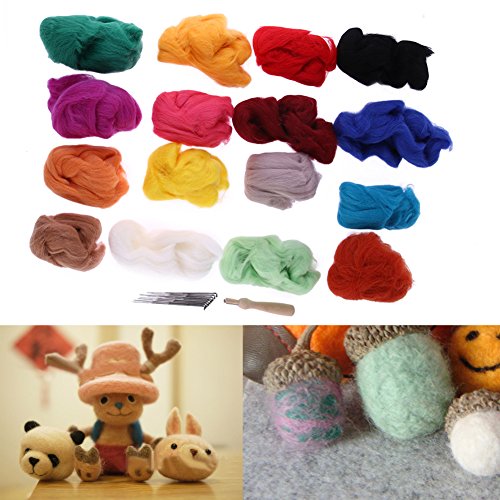 Soft Wool Felt + Felting Needle Tools Set Mat Starter Kit DIY Craft, Set of 25/16 Colors (16 Colors)