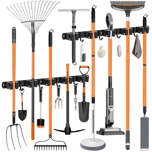 OMerima Wall Mounted Broom Holder, Stainless Steel Broom Holder - 10 Brackets + 8 Hooks, Wall Mounted Broom Holder Without Drilling Black, Can Be Used in Kitchen, Bathroom, Garden, Garage (2 Pieces)