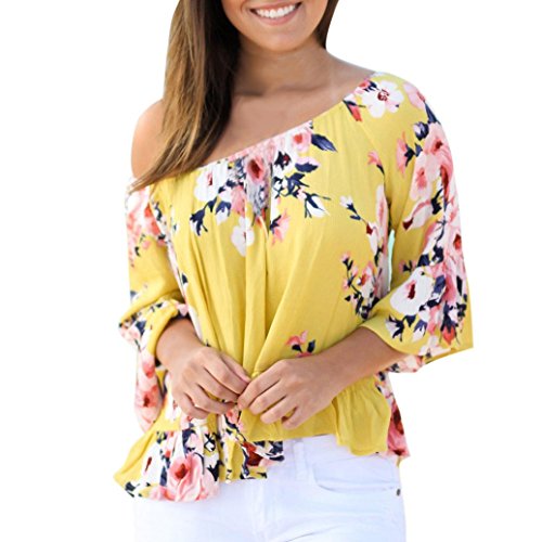 TAORE Women Casual Sexy Off Shoulder Flare Sleeve Strapless Shirt Blouse Tops (XXL, Yellow A)
