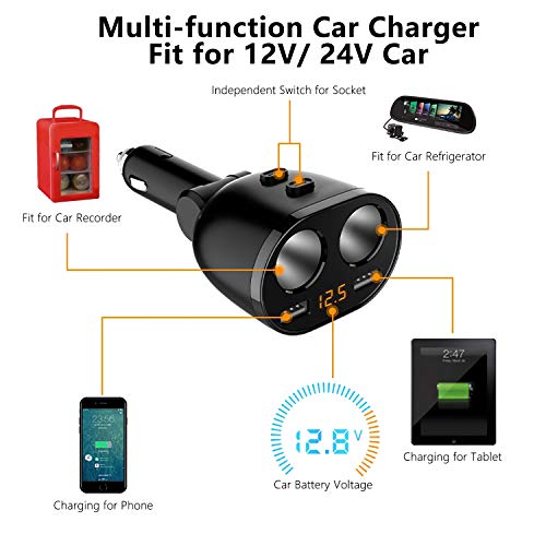 Car Charger Power Adapter,2 Socket Cigarette Lighter with Dual USB Port,Compatible for iPhone X 8 7 6s 6 Plus, iPad, Galaxy, Google, Motorola, LG, Nexus, HTC and More