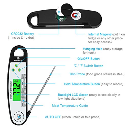 Philorn Meat Thermometer, Waterproof Instant Read Digital Cooking Thermometer with Folding Probe, LCD Screen, Internal Magnet for Quick Storage or Access, Ideal for Kitchen Grill BBQ Food Cake Turkey