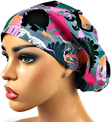 DK Scrub Hats Women’s Adjustable Bouffant Scrub Hat Ponytail Surgical Cap Pink Dinosaur Camo