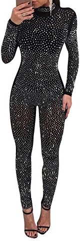 Womens Sexy Rhinestone See Through Mesh Party Cocktail Bodycon One Piece Jumpsuit Romper Clubwear