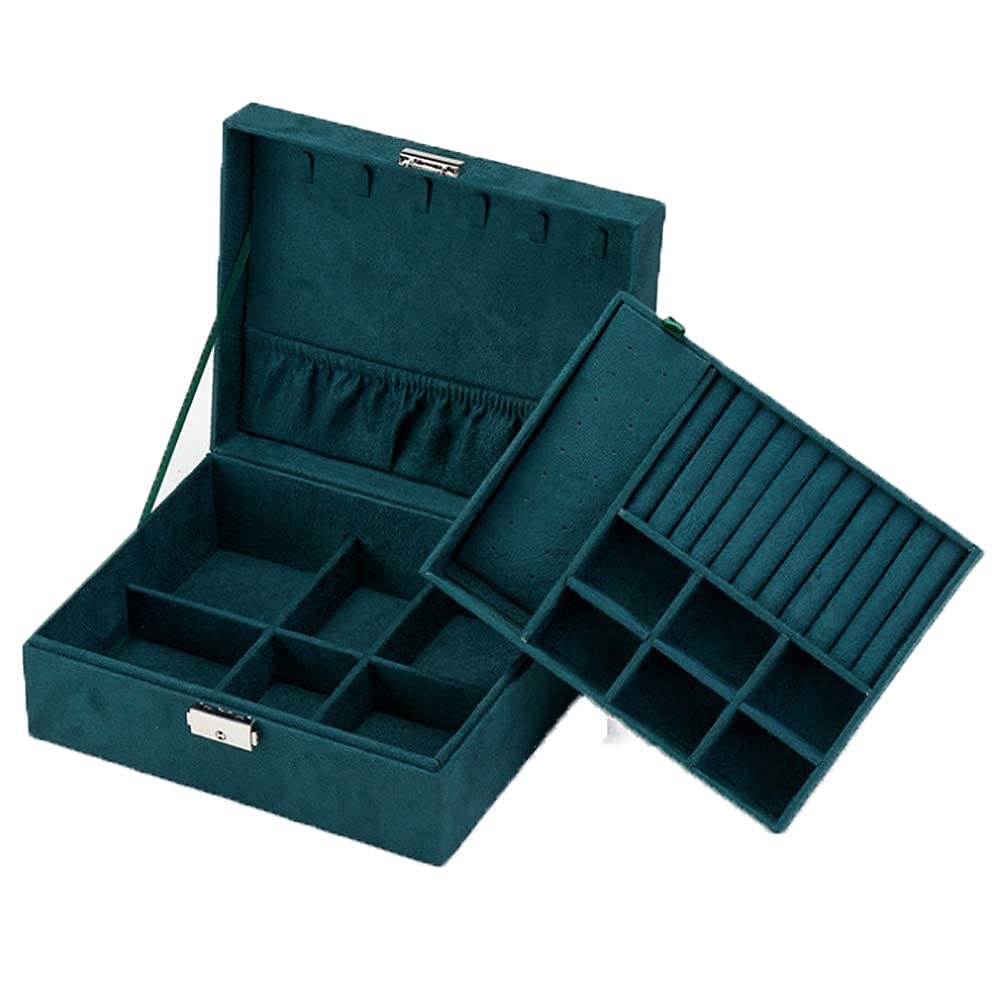 Coqlycot Jewellery Box Organiser with Lock for Necklace Earrings Bracelets Rings, Double Stackable Layer, Removal Tray, Suede Leather Jewelry Storage Case with Necklace Hangers Compartment (Green)