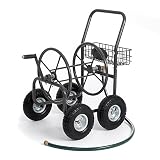Most Popular Selling Portable Rolling Heavy Duty Steel Hose Reel Cart with Storage Basket Handle- Rust Resistant Polystyrene Finish- Lightweight Frame Pneumatic Tires- 250'of 5/8" Hose Capacity