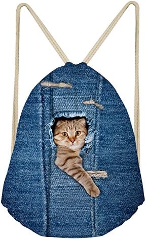UNICEU Cat Printed Drawstring Gym Sack Bag Vintage Blue Backpack for Women Men
