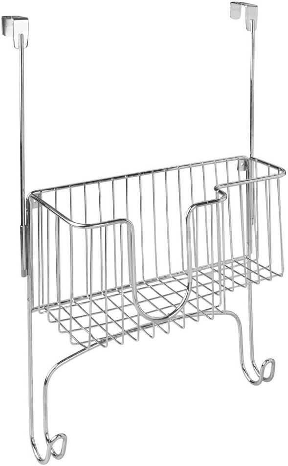 mDesign Metal Over The Door Ironing Board Holder with Large Storage Basket - Holds Iron, Board, Spray Bottles, Starch, Fabric Refresher - for Laundry, Utility Room, Garage - Chrome: Home & Kitchen