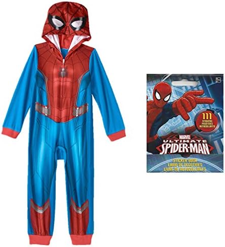 Boys Spider-Man Hooded, Footless, One-Piece Pajamas Bundled With Spiderman Stickers (Medium (8))