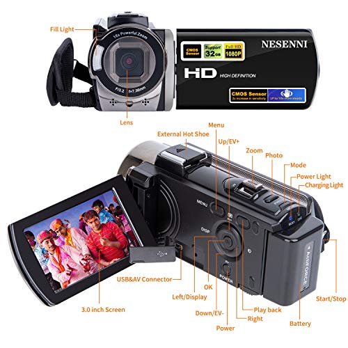 Camcorder Digital Video YouTube Vlogging Camera Recorder Full HD 1080P 15FPS 24MP 3.0 Inch 270 Degree Rotation LCD 16X Digital Zoom Camcorder with 2 Batteries