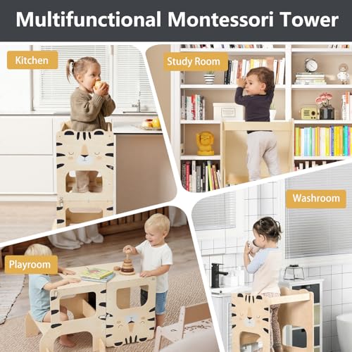 labebe Montessori Tower Children, Multifunctional Montessori Folding Wooden Tower 3 in 1 Learning Tower for Children with Tigers Chalkboard
