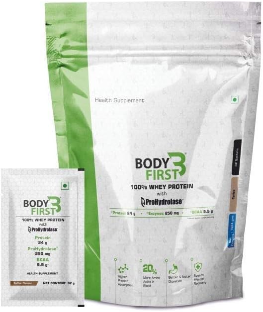 Body First 100% Whey Protein Powder with Prohydrolase Enzyme Technology, 24 g Protein (2.3 lbs) (1.05kg) 32 Servings/Sachets (Chocolate Flavour)
