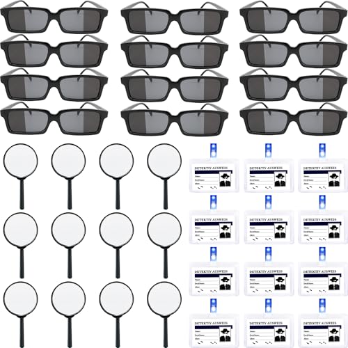 36 Pcs Kids Spy Kit Detective Toy Set Including 12 See Behind You Sunglasses 12 Secret Agent Name Tags 12 Black detective Mmagnifying Glass for Spy FBI Cosplay Escape Room Detective Party Supplies