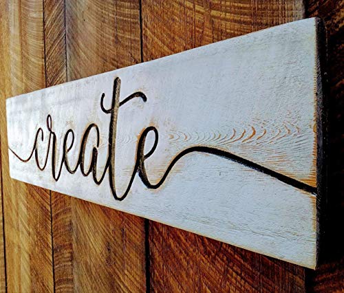 Large CREATE Sign 40”x10” Carved Horizontal-Cypress Lumber Rustic Distressed Shabby Style Americana