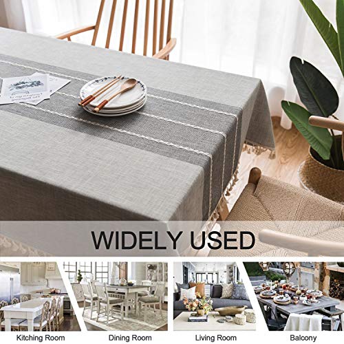 Washable Stitching Tassel Embroidery Tablecloth, Anti-Fading Non-Slip Cotton Linen Rectangle Table Cover Great for Kitchen Dinning Tabletop Buffet Decoration（55x78 Inch, Grey）