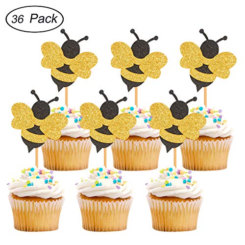 iMagitek 36 Pack Glitter Bumble Bee Cupcake Toppers for Gender Reveal Baby Shower Party Decorations Birthday Party Supplies - Thumbnail 6