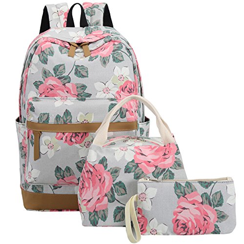 BLUBOON School Backpack Set Canvas Teen Girls Bookbags 15 inches Laptop Backpack Kids Lunch Tote Bag Clutch Purse (Big Floral - Gray) (Best School Bags For Secondary School)