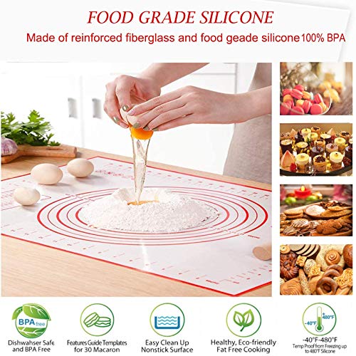 Teqifu Silicone Baking Mats Set, Non Stick Food Grade Macaron Baking Mats Pastry Mat with Measurement for Rolling Dough, Cookies, Bread, Pizza, 12-Pack Piping Tip & 2-Pack Reusable Piping Bag Included