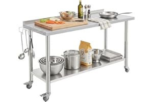 NSF Heavy Duty Stainless Steel Work Table 60x24x35in with Casters Backsplash Curved Edge