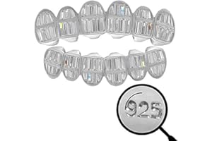 HARLEMBLING Solid 925 Sterling Silver Real Baguette Grillz - Iced Baguette CZ - Custom Top & Bottom Grills For Teeth - Real Solid Silver NOT Plated