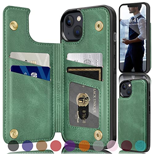 SUANPOT【RFID Blocking for iPhone 13 Wallet case 6.1 5G with Credit Card Holder,Flip Book PU Leather Phone case Shockproof Cover Cellphone Women Men for Apple 13 case Wallet Sea Green