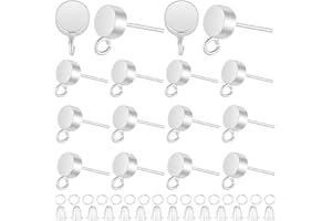 CREATCABIN 20 Pcs Flat Round Earring Posts with Loop 925 Sterling Silver Plated Brass Earrings Dangle Studs Posts Findings wi