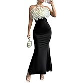 GORGLITTER Women's Flower Strapless Maxi Dress Summer Cocktail Wedding Guest Formal Prom Graduation Fishtail Sun Dress