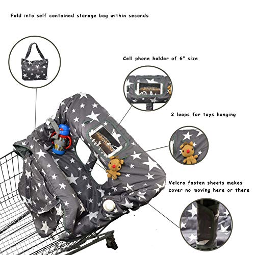 Cotton Shopping Cart Cover for Baby, Toddler High Chair Cover with Cell Phone Carrier-Summer Grocery Cart Cushion for Boy or Girl Large Size Star Print