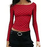 Women Polka Dot Long Sleeve Top Crewneck Dot Print Tshirts Tight Fitted Crop Top Trendy Going Out Fall Tee Shirt
