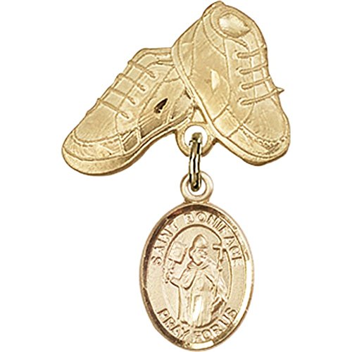 Gold Filled Baby Badge with St. Boniface Charm and Baby Boots Pin 1 X 5/8 inches