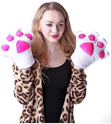 1Pair Unisex Adult Cute Soft Halloween Party Costume Cosplay Cat Paw Gloves (White)