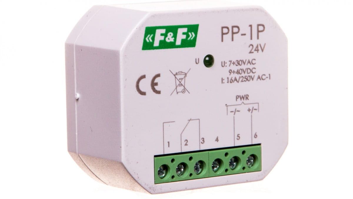 Electromagnetic Relay 1P 16A 7-30V AC/9-40V DC PP-1P-24V f&f 5908312598527