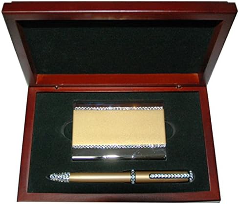 Metal Card Holder Pen Set with Swarovski Crystal Decoration in Luxury Wood Box