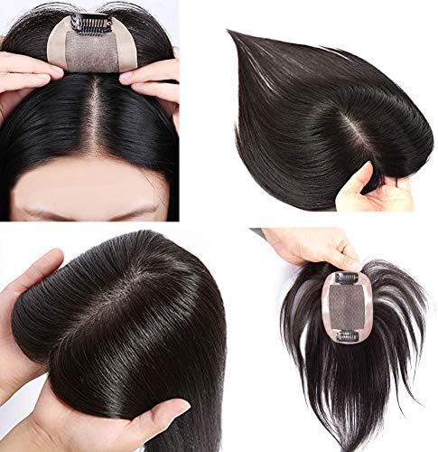JISHENG Silk Base Clip in Toppers 100% Remy Straight Human Hair Piece for Women Crown Natural Black 14inch