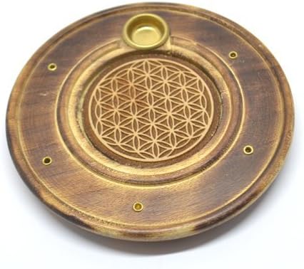 Mystery Mountain Engraved Wood Flower of Life Incense Stick and Cone Holder, Multicolour, Brown, 12 x 12 x 2 cm