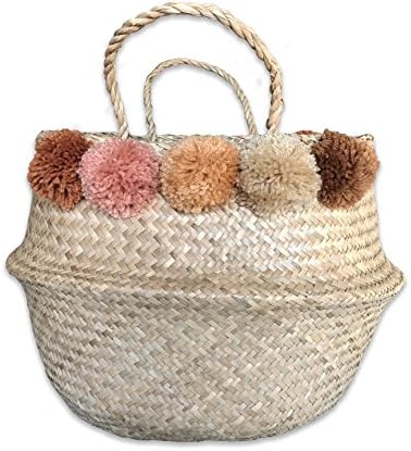 LARGE (17"X14") pom pom seagrass tote collapsible belly basket, Natural w/ beige multi poms