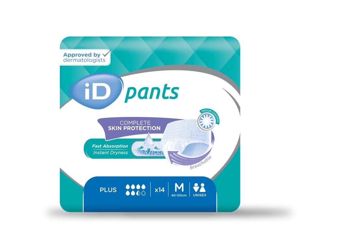 ID Sensitive Incontinence Pants, Fast Absorbing Disposable Briefs for Men and Women, Extra Plus - Heavy Absorption, Size Medium 80cm - 120 cm, Pack of 14