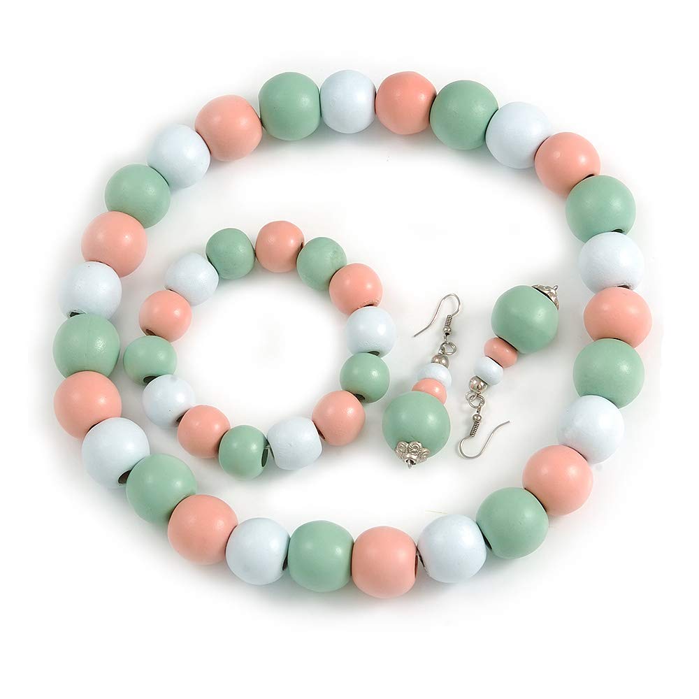 Avalaya Pastel Mint/Pink/White Wood Flex Necklace, Bracelet and Drop Earrings Set - 46cm L