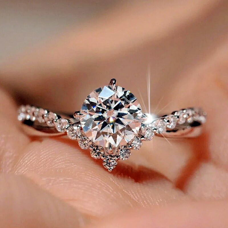925 Sterling Silver Promise Ring Engagement Proposal Wedding Ring Fashion Four Claw Crown V Ring Princess Imitation Moissanite Ring Cocktail Ring Round Cut Cubic Zirconia Wedding Promise Ring（7）
