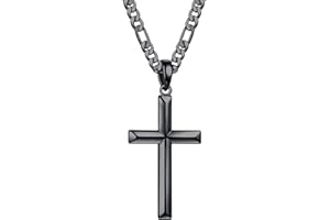 Ursteel S925 Sterling Silver Cross Pendant Cross Necklace for Men, Mens Cross Necklace 18K Gold Plated Silver Black Figaro Chain Necklace for Men Women 16 18 20 22 24 Inch Cross Necklace