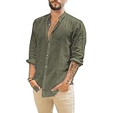 Makkrom Men Linen Shirt Button Down Long Sleeve Cotton Beach Band Collar Casual Summer Shirts