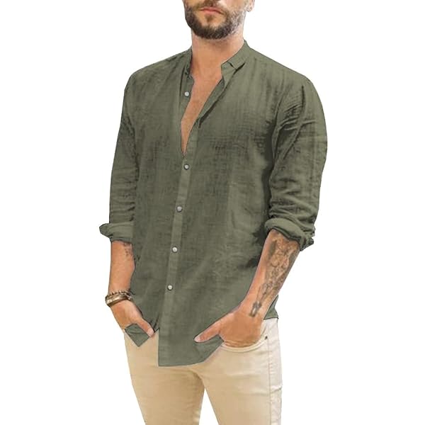 Burband Mens 3/4 Sleeve Cotton Linen V Neck Shirts Hipster Slim - Main Image